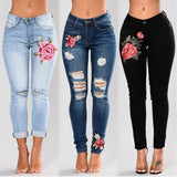 Stretch Embroidered Jeans For Women Elastic Flower Jeans Female Slim Denim Pant