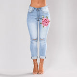 Stretch Embroidered Jeans For Women Elastic Flower Jeans Female Slim Denim Pant