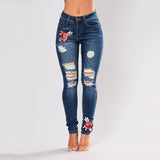 Stretch Embroidered Jeans For Women Elastic Flower Jeans Female Slim Denim Pant