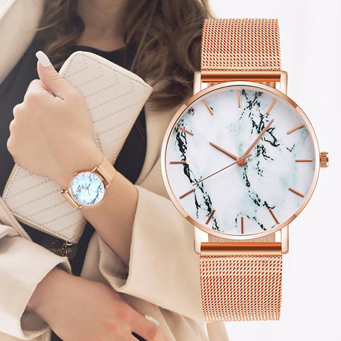 Fashion Rose Gold Mesh Band Creative Marble Female Wrist [[Watch]] Luxury