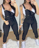 One-Piece Outfit Pocket Design Solid Suspender Jumpsuit