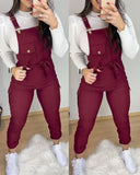 One-Piece Outfit Pocket Design Solid Suspender Jumpsuit